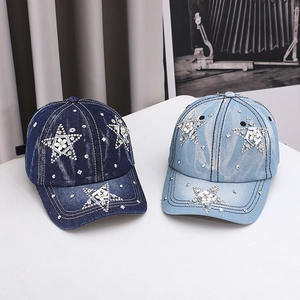 Denim baseball caps with rhinestone star patterns and small white flowers for women