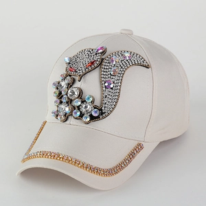 Beige baseball cap with colorful rhinestone squirrel and sparkly brim for women