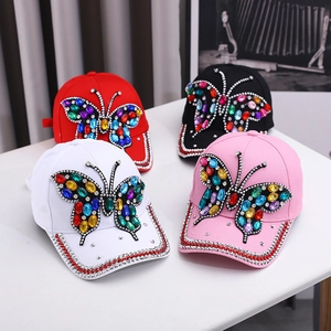 Denim baseball caps with rhinestone butterfly pattern in four colors for women