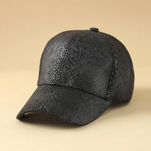 Fashionable black snake texture baseball cap with glossy faux leather finish for sun protection