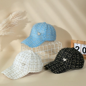 Chic tweed baseball caps with heart rhinestone ornaments in light blue, beige, and black colors