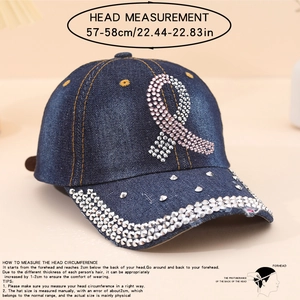 Detail of blue denim baseball cap with pink rhinestone ribbon and 57-58cm size guide