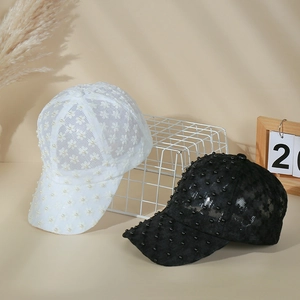 Breathable lace baseball cap for women featuring pearl embellishments and floral mesh
