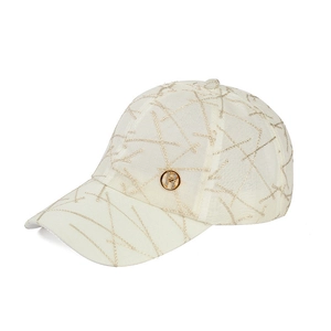 Beige baseball cap with woven texture, golden embroidery and metal R badge on white background