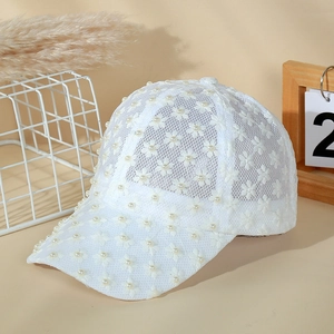 Elegant white lace baseball cap for women with floral embroidery and pearl accents