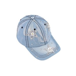 Denim baseball cap for women featuring rhinestone star patterns and floral accents