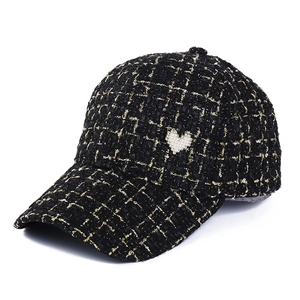 Women's tweed baseball cap with gold thread and pearl heart detail in black