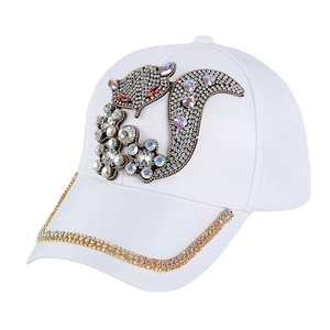 White fashion baseball cap with sparkling rhinestone fox design and jewel accents