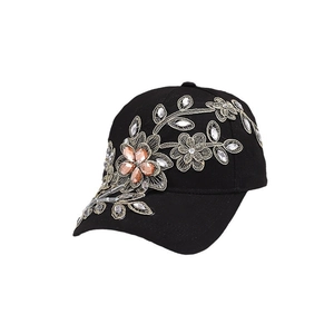 Casquette de baseball noire de luxe avec broderie florale dorée et strass scintillants
