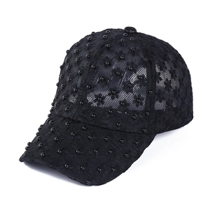 Black lace baseball cap with floral embroidery and beads for a trendy sunshade look