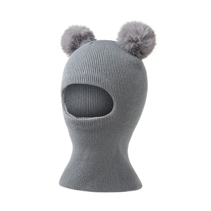 Grey knitted baby balaclava with two faux fur pom-poms for winter warmth and ear protection