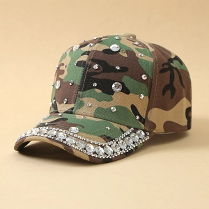 Detailed side view of camouflage baseball cap with sparkling rhinestone embellishments