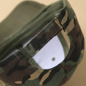 Rear view of camouflage outdoor sun hat featuring an adjustable velcro strap for custom fit