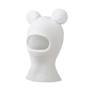 Winter white knit balaclava for babies featuring cute double faux fur pom-poms