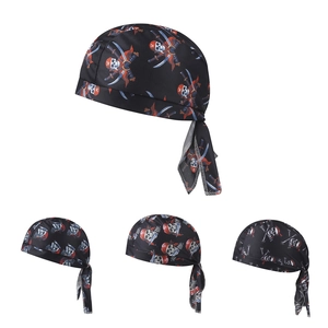 Detail view of breathable skull print pirate bandana with adjustable tie strings