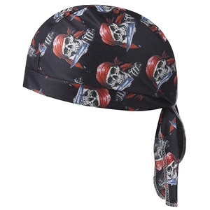 Detail view of breathable black mesh pirate bandana with skull and dagger print pattern