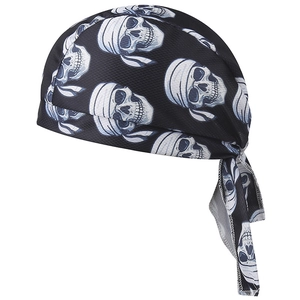 Detailed close-up of breathable mesh fabric and white skull prints on the black doo-rag cap