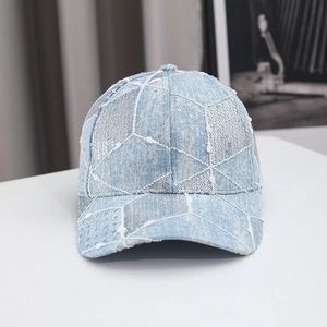 Unisex light blue denim baseball cap with silver sequins and distressed fraying edges