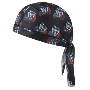 Detail of adjustable back ties on breathable skull print pirate bandana sport cap
