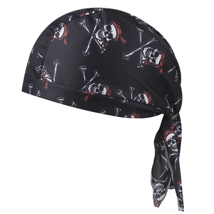 Close-up of breathable pirate skull cap with red bandana print and durable stitching