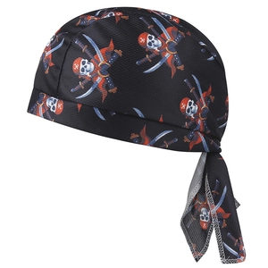 Detail of black pirate headscarf featuring colorful skull prints and tie-back design