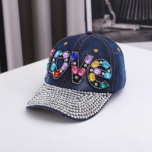 Blue denim baseball cap with LOVE gemstone lettering and rhinestone-studded brim