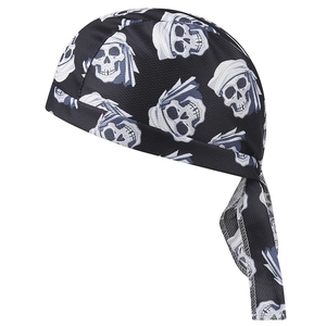 Detail of breathable black mesh doo-rag with skull pattern for outdoor sports