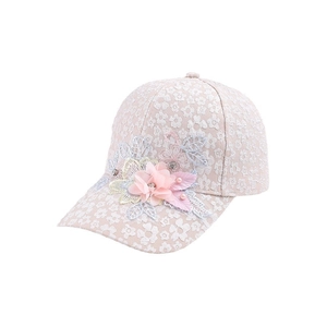 Elegant floral lace baseball cap with 3D fabric flowers and pearl accents for women