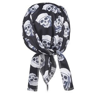 Detail of breathable quick-dry mesh fabric on black pirate cap with skull pattern