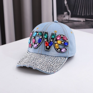Women Rhinestone LOVE Denim Baseball Cap Shiny Crystal Adjustable Peaked Hat Sun Protection Fashion Outdoor Streetwear