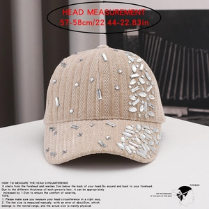 Detailed head measurement guide for beige velvet baseball cap with rhinestone accents