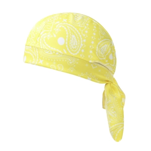 Detailansicht eines gelben Durags mit Paisleymuster aus glänzendem Stoff und langen Bändern
