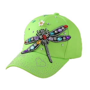 Casquette de baseball vert fluo avec libellule en strass et motif Love en cristaux
