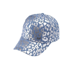 Blue baseball cap with silver leopard print pattern in a 45-degree side view