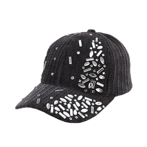 Women's black velvet baseball cap with sparkling rhinestones and warm knit texture