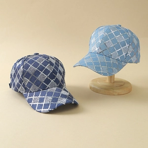 Sequin denim baseball caps with silver glitter diamond pattern in blue and light blue
