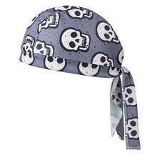 Detail of breathable grey headwrap with skull prints and adjustable rear tie straps