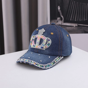 Damen Denim Baseballkappe Mit Strass Krone Mode Distressed Blau Verstellbarer Sonnenhut Für Outdoor Täglich Party Reise