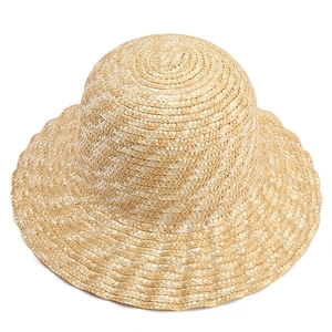 Detailed view of hand-woven wheat straw hat with natural texture and wavy brim