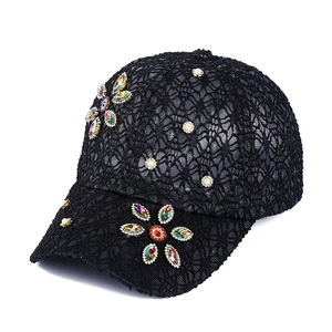 Casquette de baseball en dentelle noire pour femme avec strass et perles fleuries