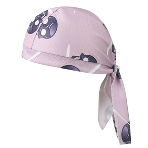 Close-up of pink breathable mesh pirate cap featuring purple skull prints and ties