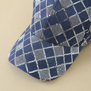 Sparkling dark blue denim baseball cap with silver sequins and diamond pattern design