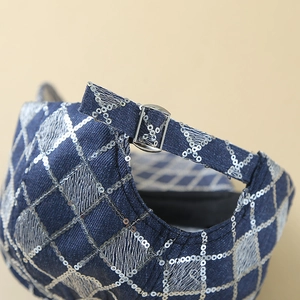 Navy blue denim baseball cap with silver sequin diamond pattern and metal back buckle