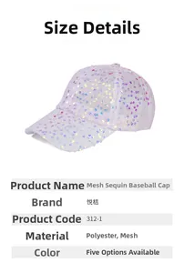 Close-up of light purple mesh baseball cap featuring colorful sequins and polyester texture