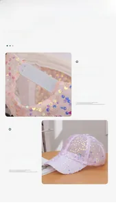 Detailed view of pink sequin baseball cap showing mesh fabric and adjustable plastic strap