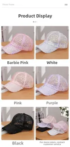 Detailed grid view of sequined mesh baseball caps in five vibrant fashion colors