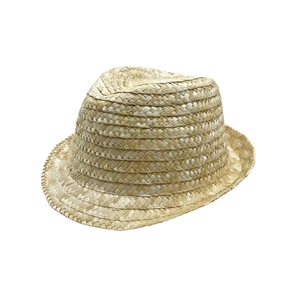 Detail of hand-woven straw fedora hat featuring classic natural wheat fiber texture
