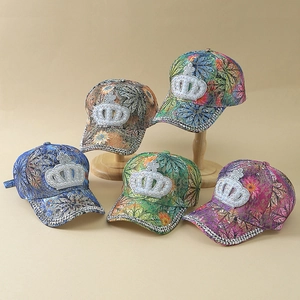 Lace floral baseball caps with rhinestone crown detail and glitter brim in 5 colors