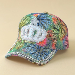 Tropical floral baseball cap for women with rhinestone crown and studded brim details