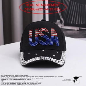 Detailansicht der USA Strass-Baseballkappe mit Kopfumfang-Maßangaben
